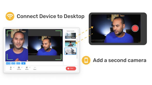 Capture live scenes and interviews inside Visla’s news report video creator using desktop or mobile recording tools.